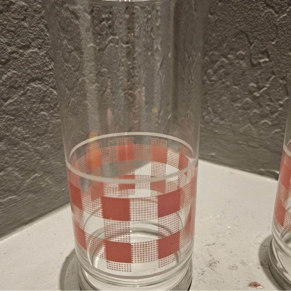 Vintage Libby Pink Gingham Drinking Glasses 6